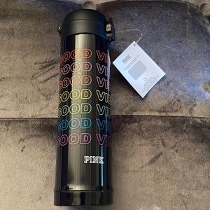 Pink By Victoria Secret Good Vibes Black Rainbow Metal Water Bottle Locking Lid.